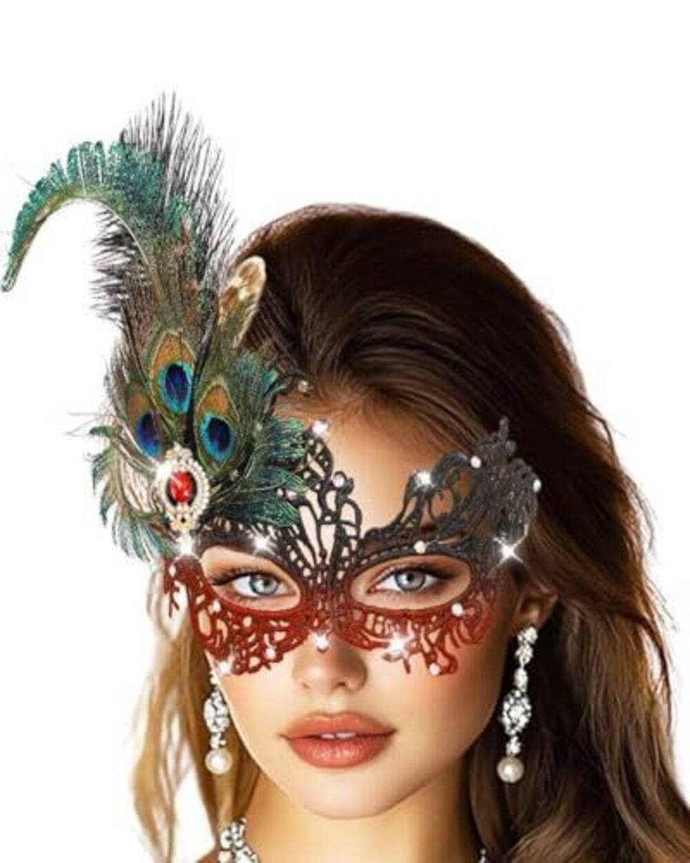 1395 Rhinestone Masquerade Mask, Red Masquerade Ball Mask, Feather Party